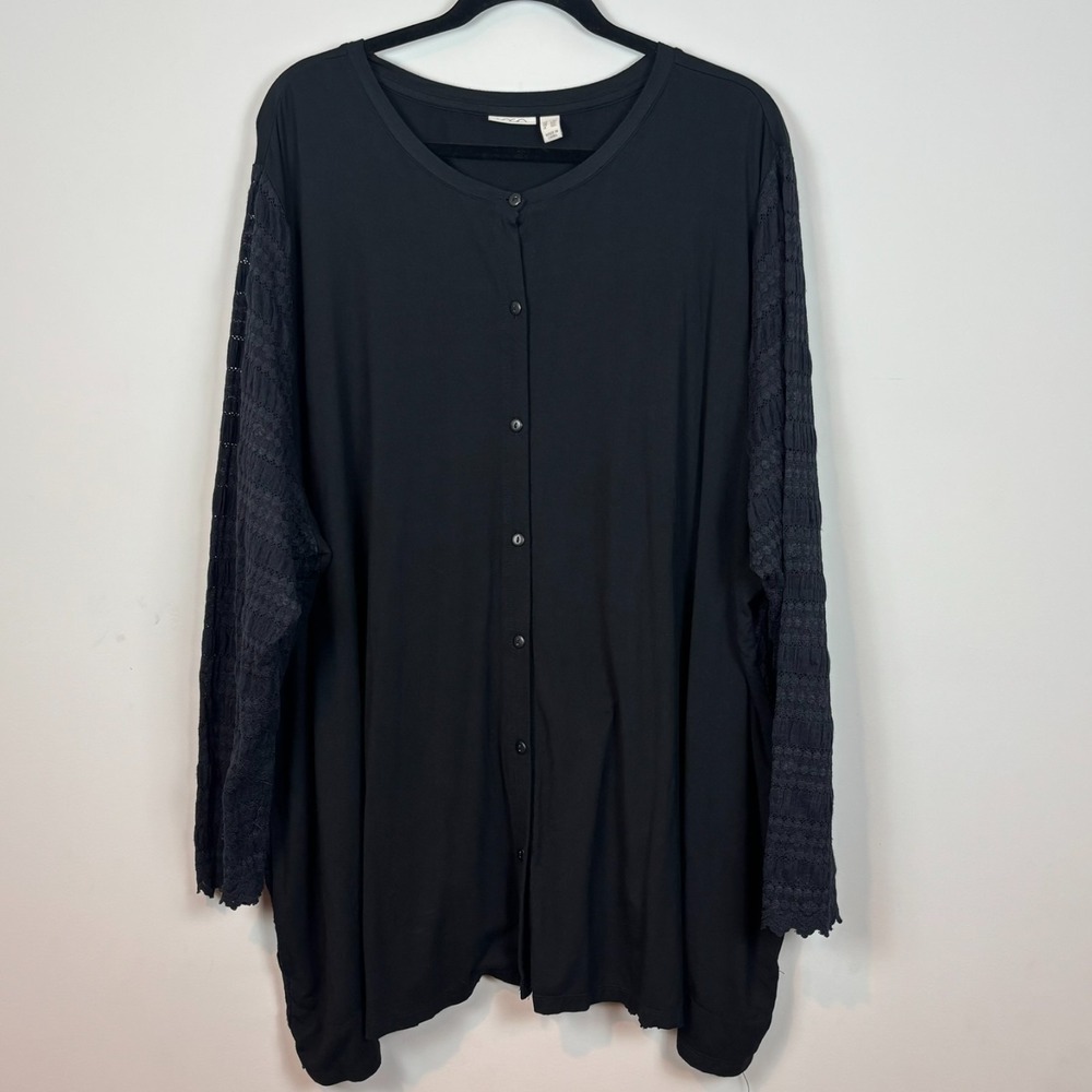 Logo‎ Lori Goldstein Womens Black Button Front Mixed Media Lace Sleeve Top SZ 4X